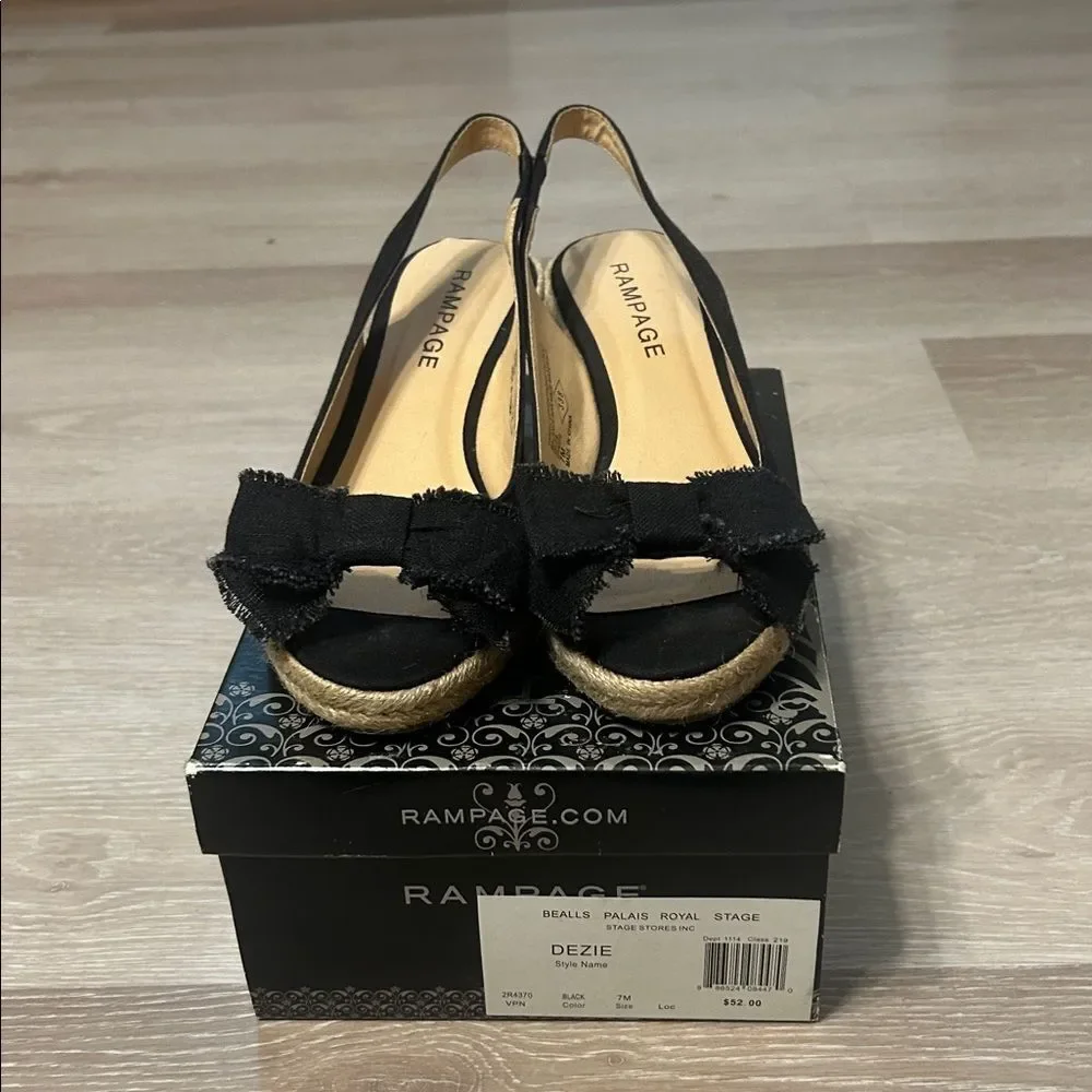 Rampage Dezie Wedge Slingbacks Raw Edge Black Linen Bows Espadrilles Sz 7